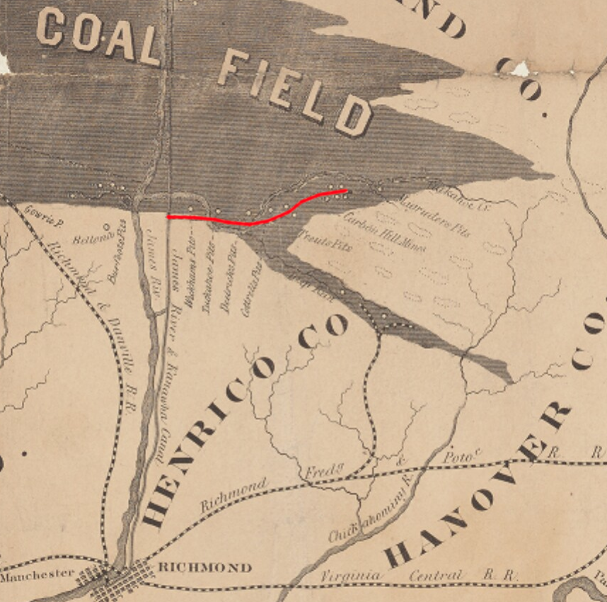 coal in Henrico County was transported by rail parallel to Tuckahoe Creek, to the James River and Kanawha Canal