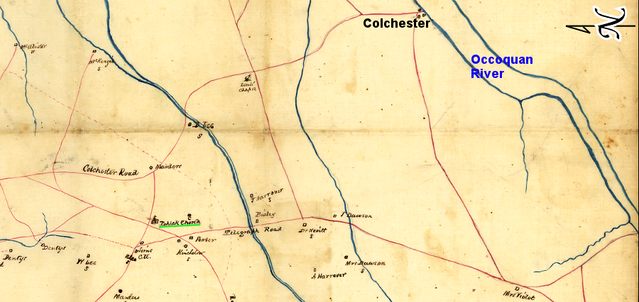 by the Civil War, Telegraph Road carried most traffic west of Pohick Church (highlighted in green) and the town of Colchester on the Occoquan River had faded away