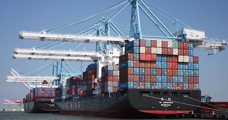 massive container ships stop at the three terminals of the Port of Virginia in Hampton Roads