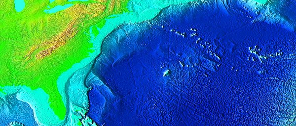 Atlantic Continental Shelf (between the green uplands and the dark blue deep ocean)