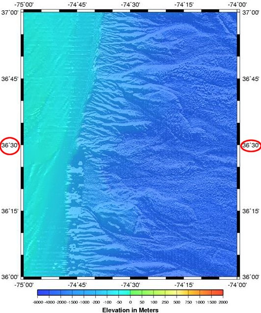 edge of the Atlantic Continental Shelf, where first Paleo-Indian camps may be located underwater today  (36° 30' is the latitude of the southern border of Virginia)