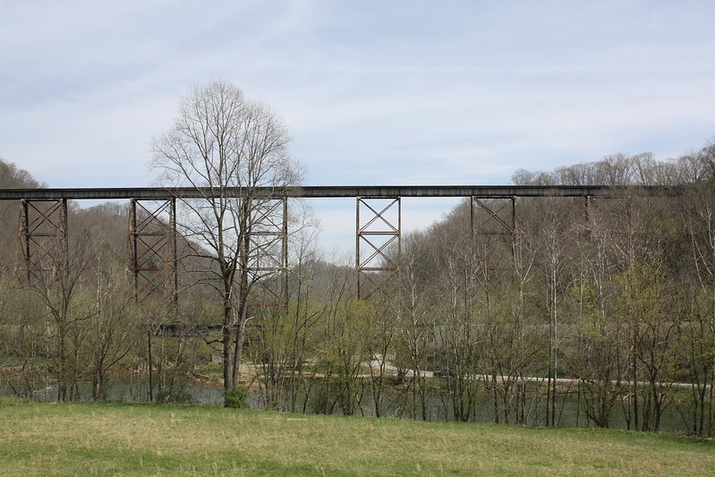 the tallest railroad bridge in Virginia crosses Copper Creek in Scott County (note lower bridge in foreground)