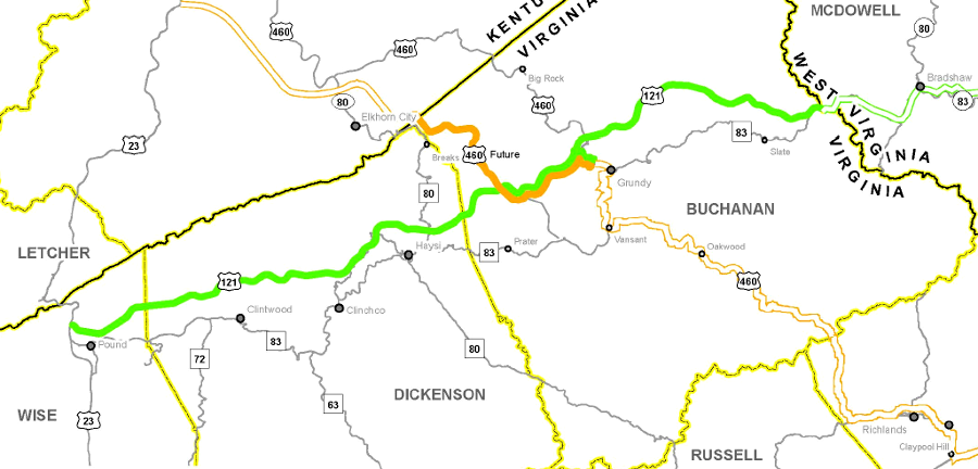 the bold orange line identifies the portion of US 460/Corridor upgraded as part of the Coalfields Expressway project (bold green line)