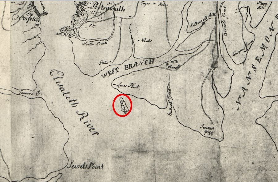 Craney Island in the 1780's  (NOTE: oriented with north at bottom of image)
