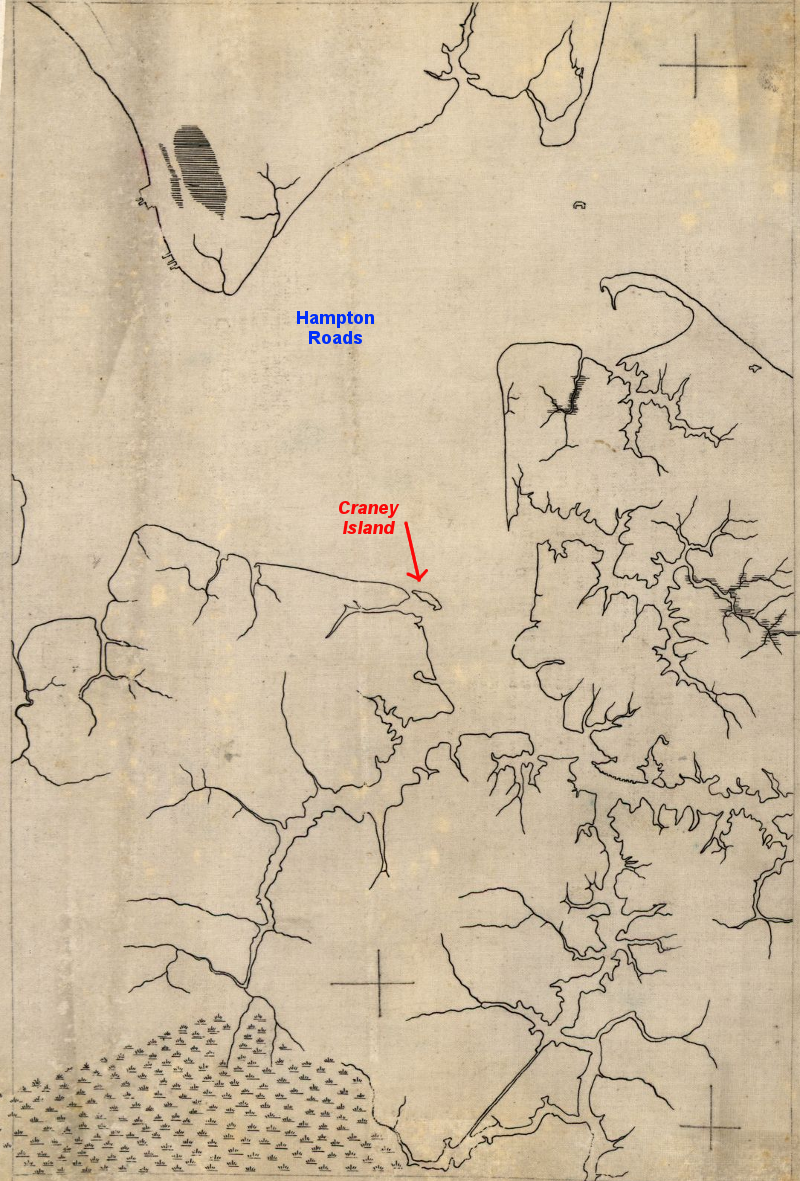 Craney Island in 1861, before dumping of dredge spoil converted the island into a rectangular peninsula attached to the west bank of the Elizabeth River