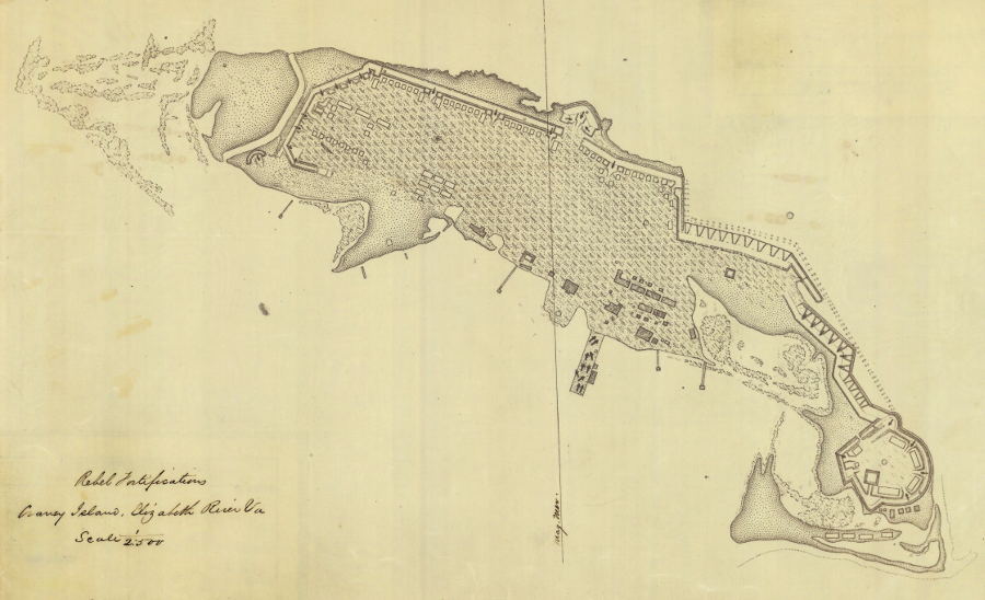 Confederate fortifications on Craney Island in 1862