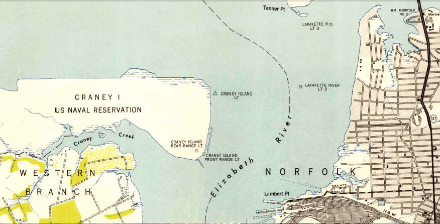 in 1948, the Thoroughfare had been filled in and Craney Island was no longer an island, but deposition of dredge spoils to the north was just starting