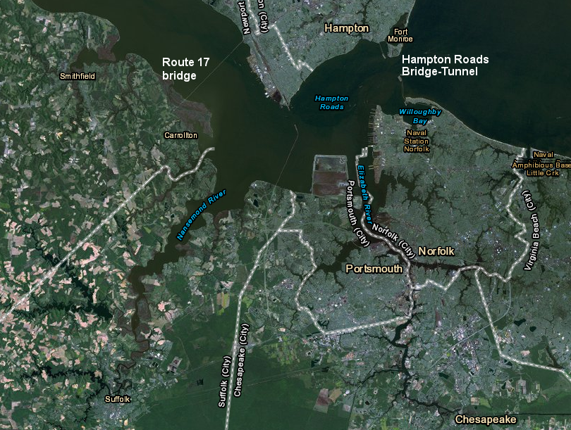 Craney Island accepts dredged materials from the Hampton Roads Bridge-Tunnel on the west to the James River Bridge on the north, and the entire Elizabeth and Nanesmond Rivers