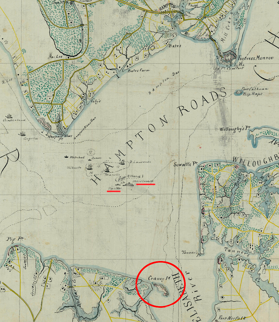 the Battle of the Ironclads occurred just north of Craney Island in 1862