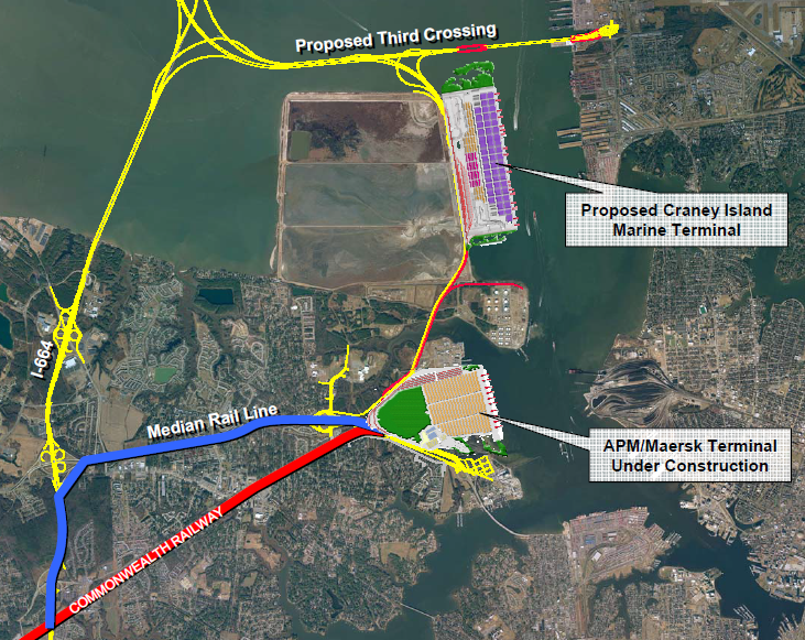 shippers using Craney Island Marine Terminal (CIMT) would have rail access to CSX/Norfolk Southern via the Commonwealth Railway (now using new tracks relocated to the highway median) as well as truck access to I-664 via the Western Freeway - and potential a Third Crossing option