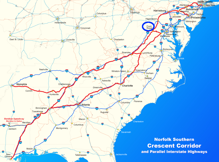 the Virginia Inland Port (VIP) near Front Royal is on Norfolk Southern's Crescent Corridor, parallel to I-81 and designed to carry freight between New York-New Orleans