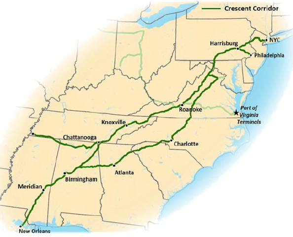 trains going north on Norfolk Southern's Crescent Corridor carry containers from Hampton Roads through Manassas, before crossing the Blue Ridge on the B Line parallel to I-66