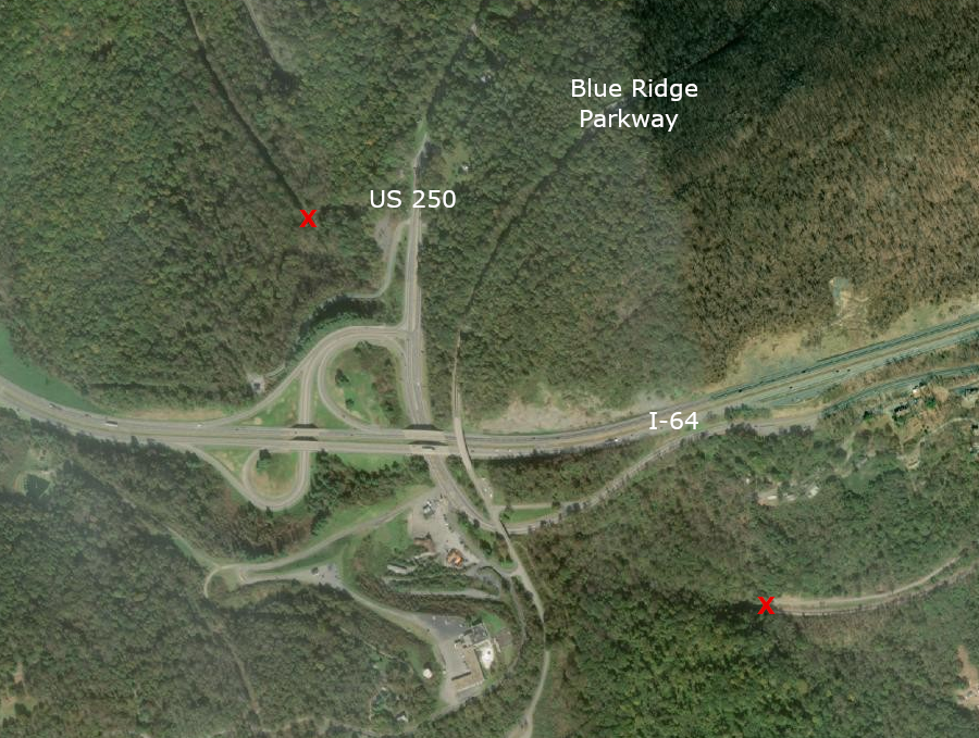 the Blue Ridge Tunnel crosses underneath I-64, US 250, and the Blue Ridge Parkway at Rockfish Gap