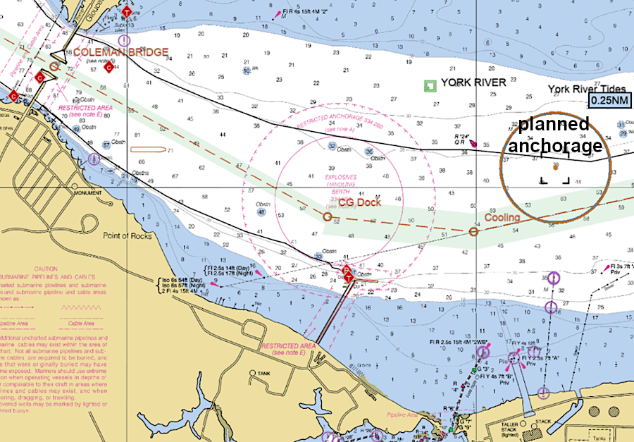 large cruise ships would anchor 1.75 miles away from the Yorktown waterfront