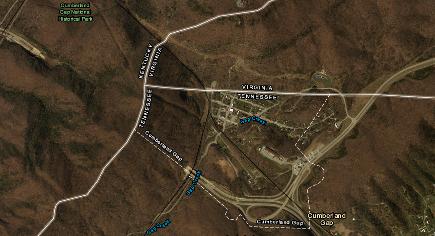 the railroad tunnel under Cumberland Gap (black line) goes underneath three states, but the US 25 highway tunnel does not cross underneath Virginia