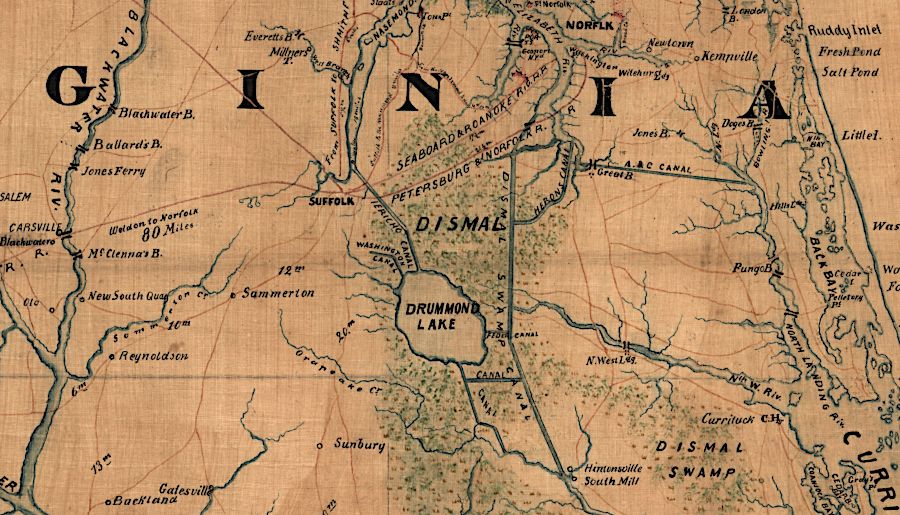 in 1860, the Albemarle and Chesapeake Canal and the Seaboard and Roanoke Railroad competed with the Dismal Swamp Canal to bring freight to the Elizabeth River ports