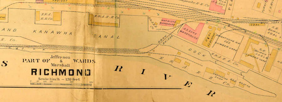 a dock downstream of the turning basin connected the canal to the James River near Rockett's Landing