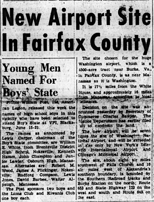 the Federal government originally planned to build a a new airport in Burke (Fairfax County)
