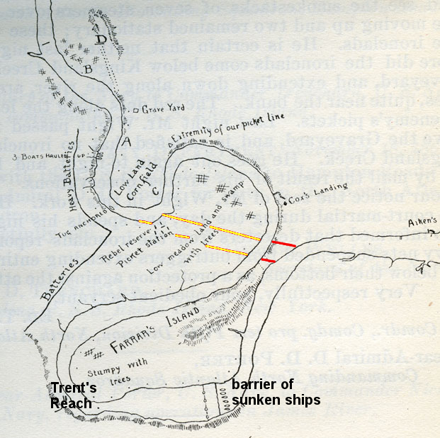 the Union planned to cut a Dutch Gap Canal (red lines) through one bend in the James River in 1864, but the 1878 canal cut through two bends