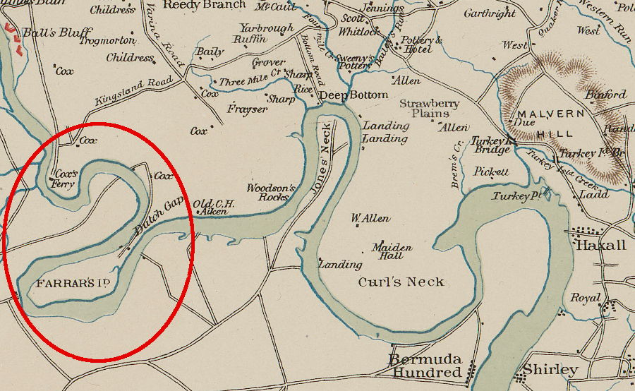 ships had to wind around Farrar's Island prior to construction of the Dutch Gap canal
