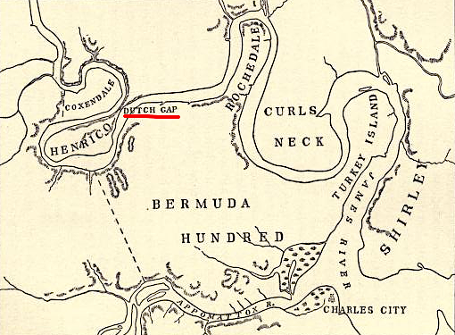 in 1611, Sir Thomas Dale had colonists excavate a ditch at the future site of the Dutch Gap Canal