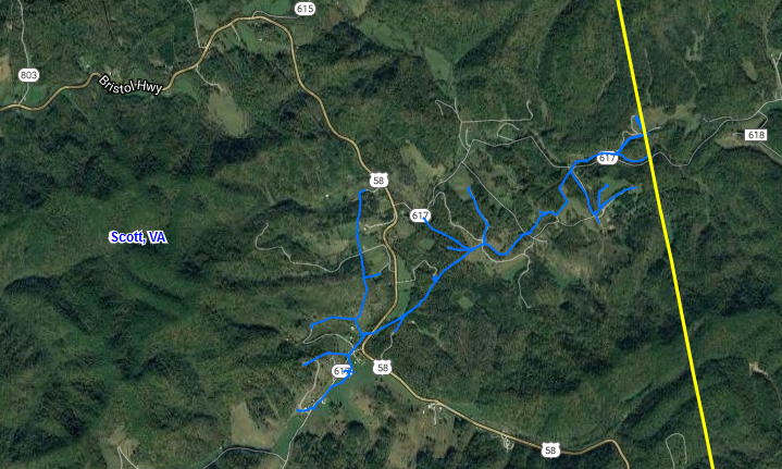 natural gas lines (blue) in Scott County connect the Early Grove storage reservoir to the East Tennessee Natural Gas pipeline