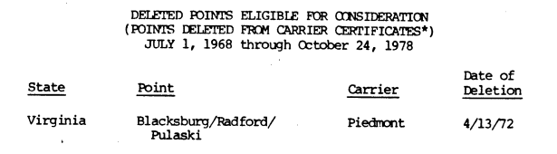 despite being listed in 1978 as eligible for the Essential Air Service program, Hot Springs and Danville both lost scheduled passenger service due to excessive costs - and service was not restarted at New River Valley Airport (PSK)