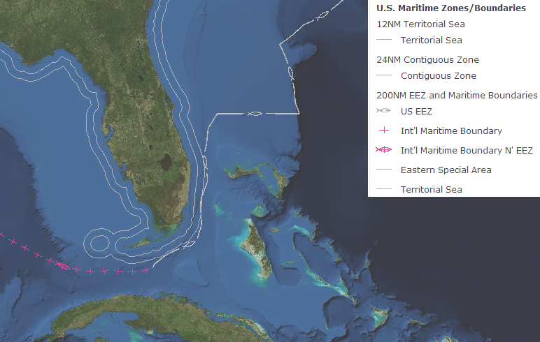 the Exclusive Economic Zone (EEZ) and North American Emission Control Area boundaries are much closer to Florida's cruise ship ports, compared to the location of the boundaries off the coast of Virginia