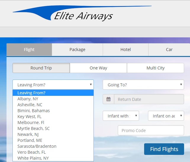 Elite Airways advertised no flights from Newport News/Williamsburg International Airport (PHF) in May, 2018