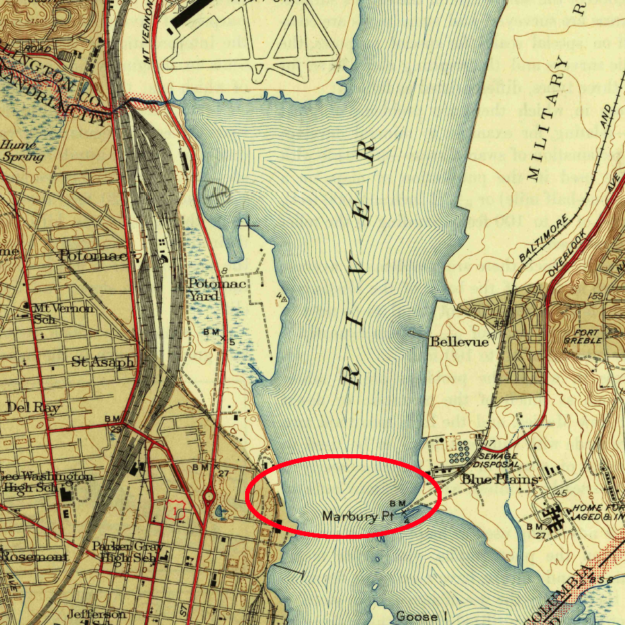 the Emergency Bridge, which carried trains between Potomac Yard and the District of Columbia between 1942-1945, was not recorded on the 1945 topographic map