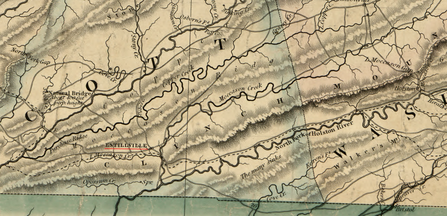 the Wilderness Road ran from Abingdon westward through Moccasin Gap in Clinch Mountain, then past the future site of Estillville (now Gate City) to Cumberland Gap