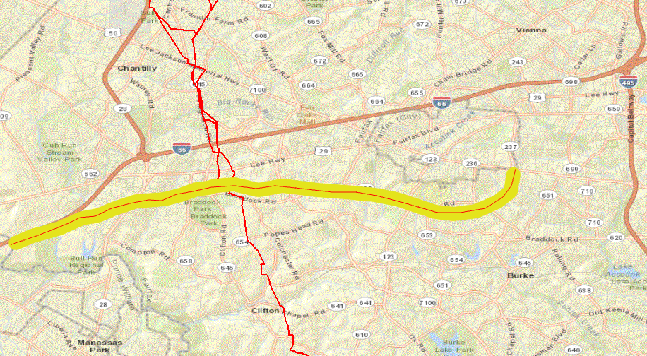 a 22-inch wide pipeline (red line with yellow border) transports petroleum products from the main Colonial Pipeline to the tank farm on Pickett Road, near the intersection with Route 236