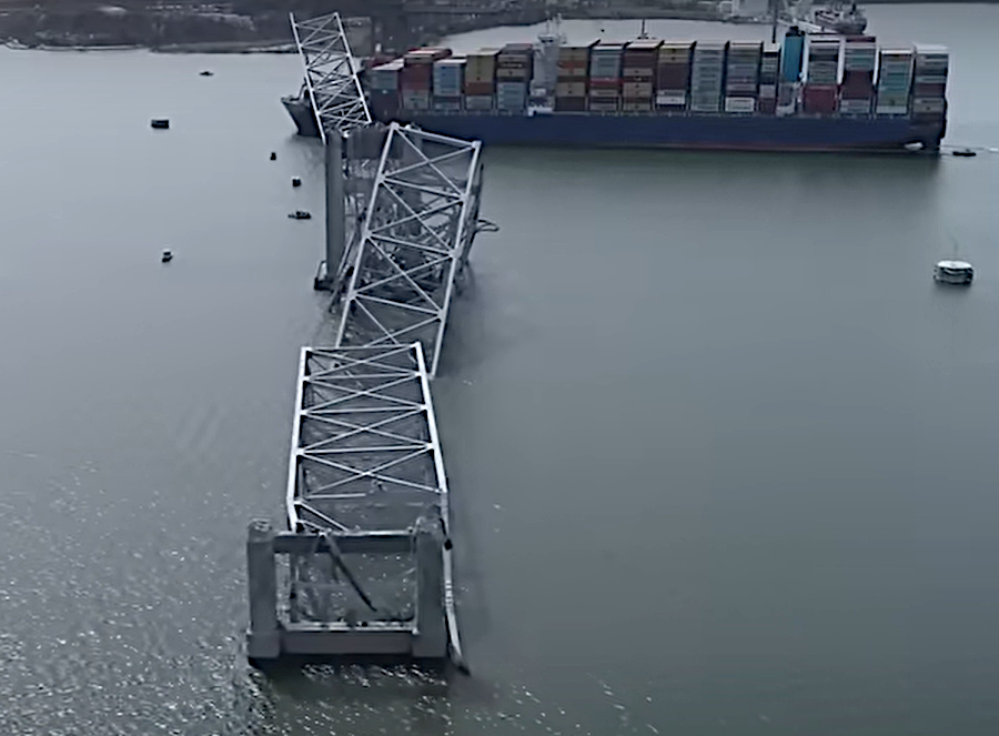 a ship collision in 2024 caused the collapse of the I-695 (Francis Scott Key) bridge, blocking traffic into the Baltimore harbor and demonstrating why the US Navy insisted on tunnels at the mouth of the Chesapeake Bay