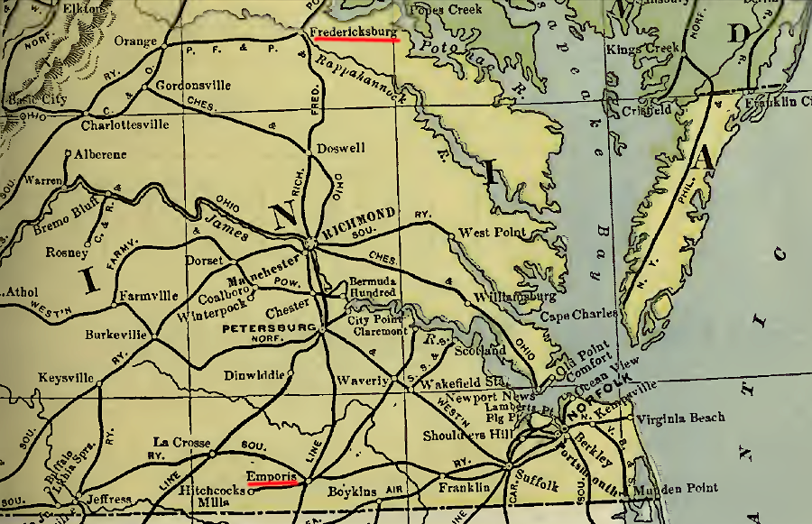 in 1901, Emporia had more railroad connections than Fredericksburg