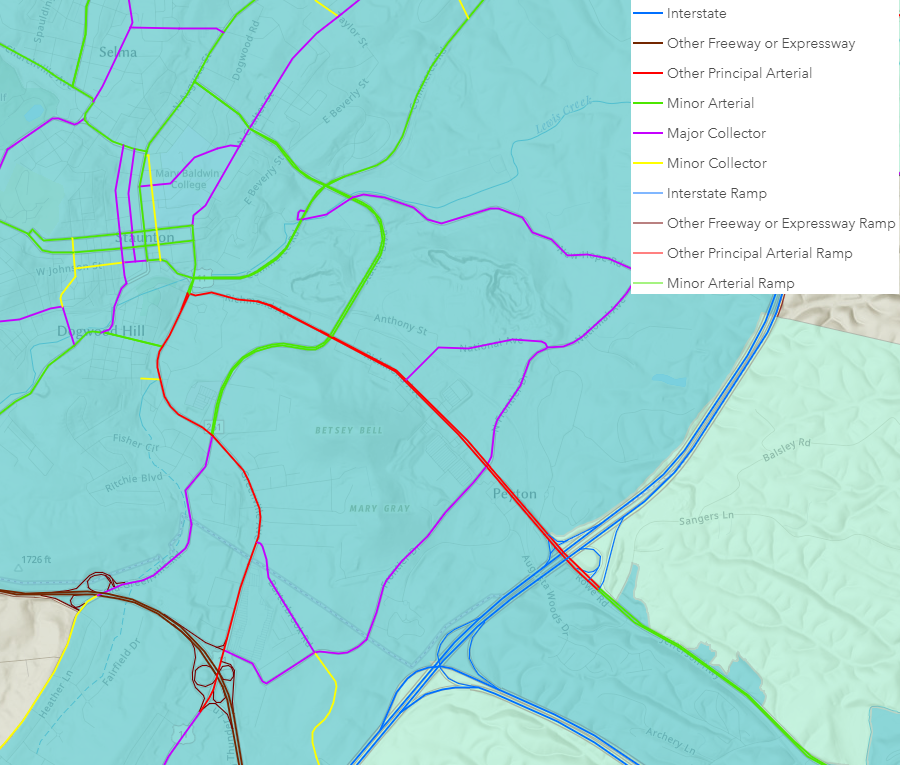 functional classification of roads around Staunton