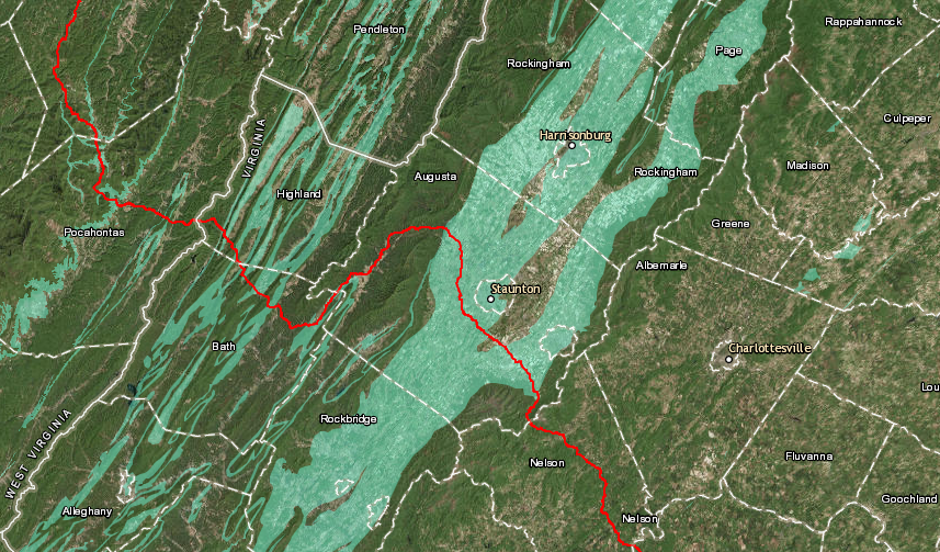 the Atlantic Coast Pipeline would cross limestone bedrock with karst features (shaded light blue) in the Valley and Ridge physiographic province