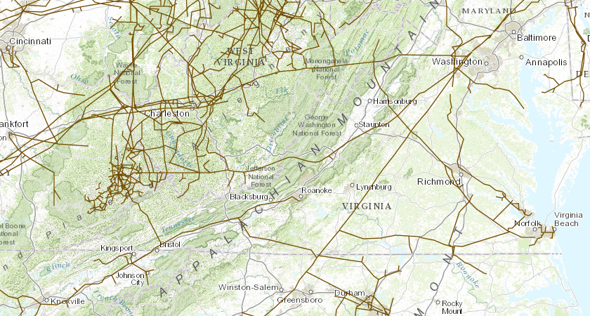 natural gas pipelines bring natural gas from the Gulf Coast and West Virginia/Ohio/Pennsylvania into Virginia