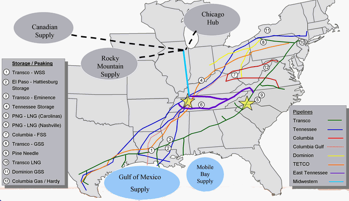 pipelines owned by Transco, Columbia, and East Tennessee are the primary transporters of natural gas into Virginia
