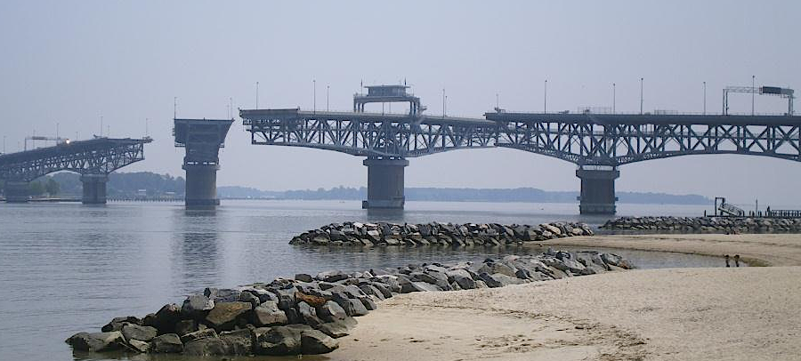 the only bridge to cross the York River, the George P. Coleman Memorial Bridge, swings open to allow ships to pass between Yorktown and Gloucester Point