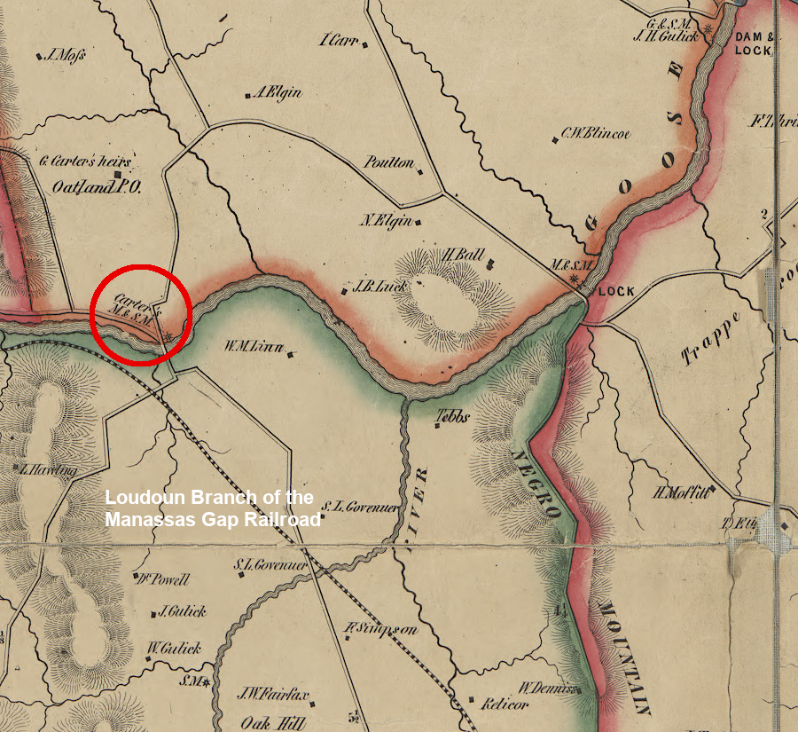 the Goose Creek Canal and the Loudoun Branch of the Manassas Gap Railroad were intended to serve George Carter's mill at Oatlands