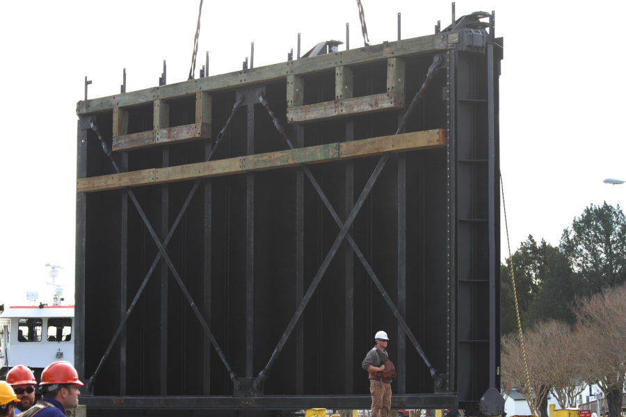 about every 25 years, the Corps of Engineers refurbishes the 72-ton gates for the Great Bridge Lock on the Albemarle and Chesapeake Canal