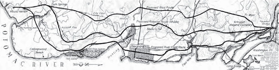 three routes were considered in 1889 for the proposed highway connecting Aqueduct Bridge to Mount Vernon