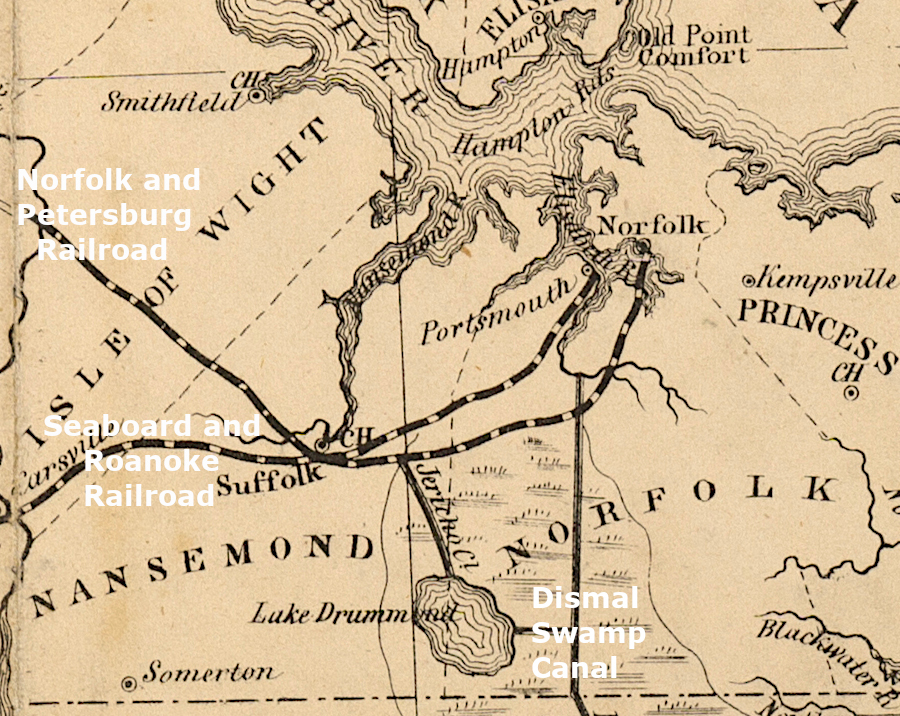 in 1858, both Portsmouth and Norfolk were connected by railroads to the Fall Line