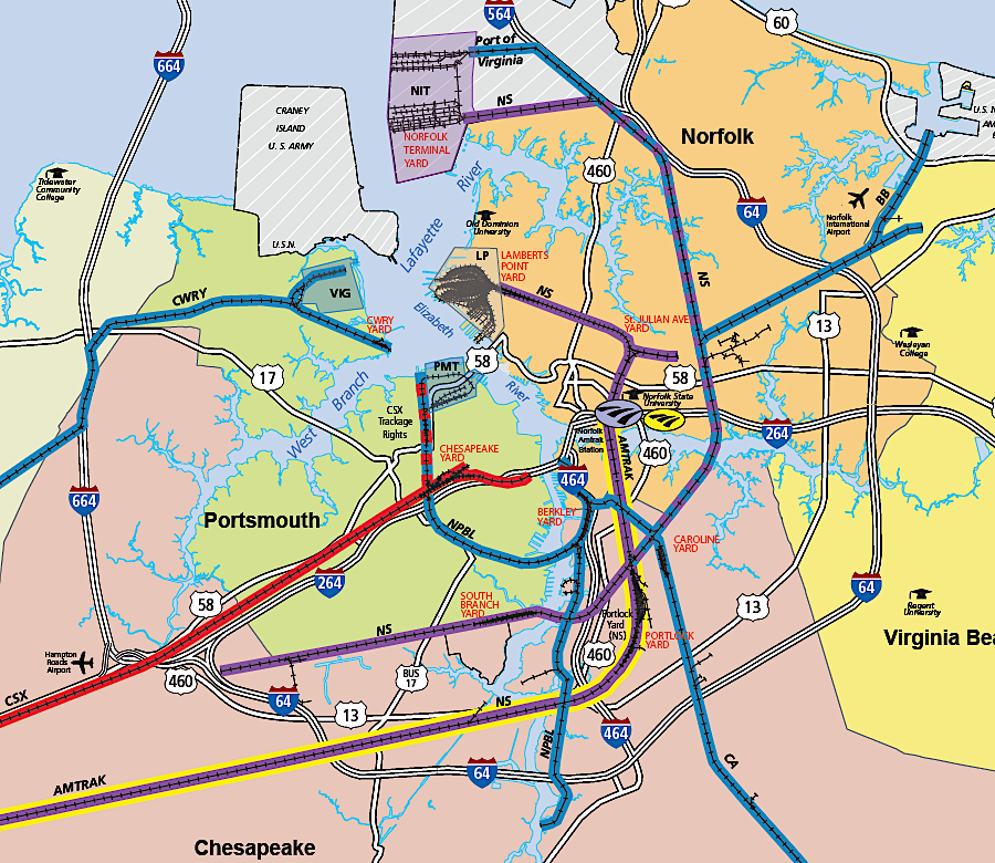 in 2019, Hampton Roads terminals were served by CSX. Norfolk Southern, and four short line railroads