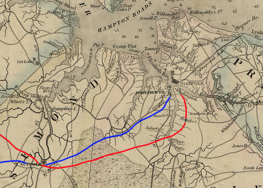 in 1859 the Seaboard and Roanoke Railroad (blue) served Portsmouth, and the Norfolk and Petersburg Railroad (red) served Norfolk
