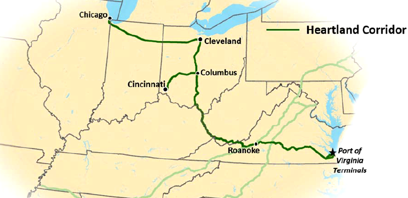 trains using Norfolk Southern's Heartland Corridor carry containers from Hampton Roads cross through the Blue Ridge at Roanoke, then go up the New River parallel to US 460 through West Virginia