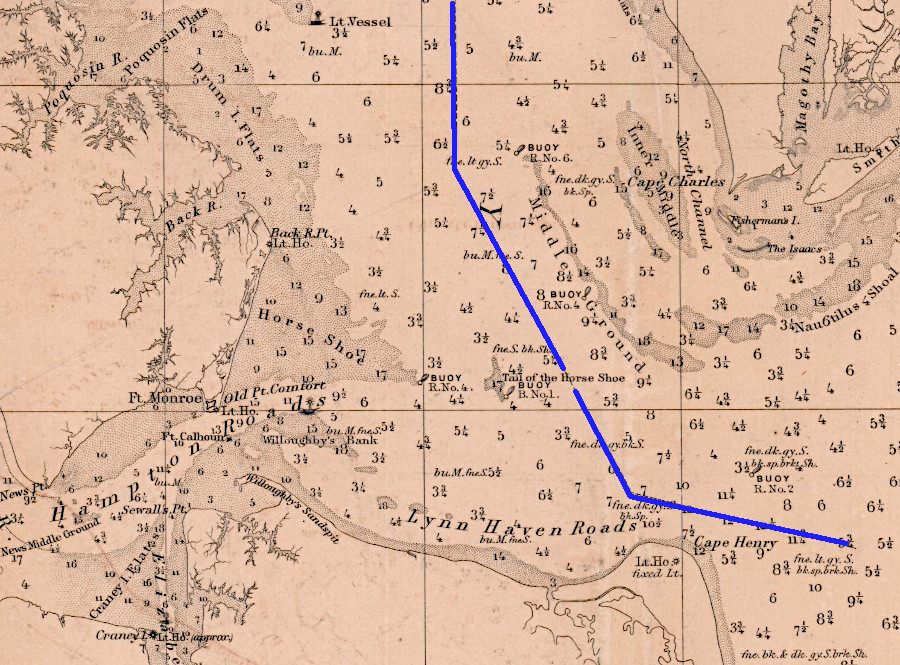 the shipping channel to Baltimore (blue line) passes between the Tail of the Horse Shoe shoal and Middle Ground shoal