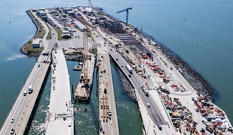 construction at the entrance to two new tunnels on the upstream side of the North Island in September 2025 (looking south)