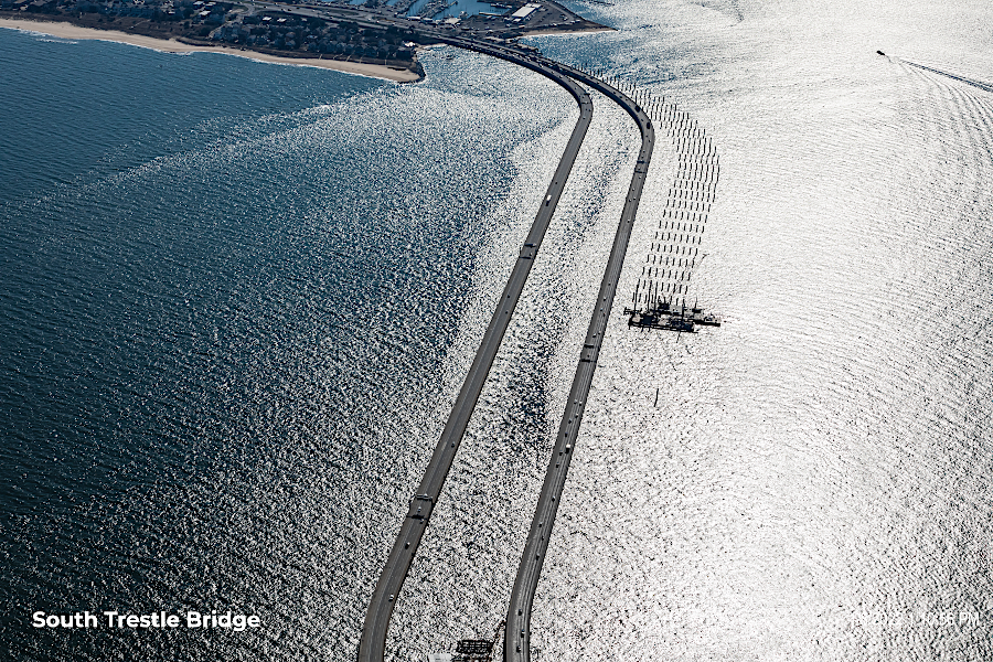 the trestle to the South Island, under construction in early 2022