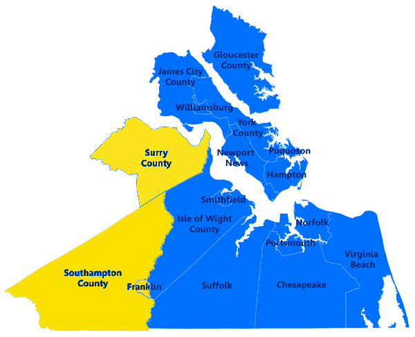 Surry and Southampton counties, plus the City of Franklin, belong to the Hampton Roads Planning District Commission (HRPDC)